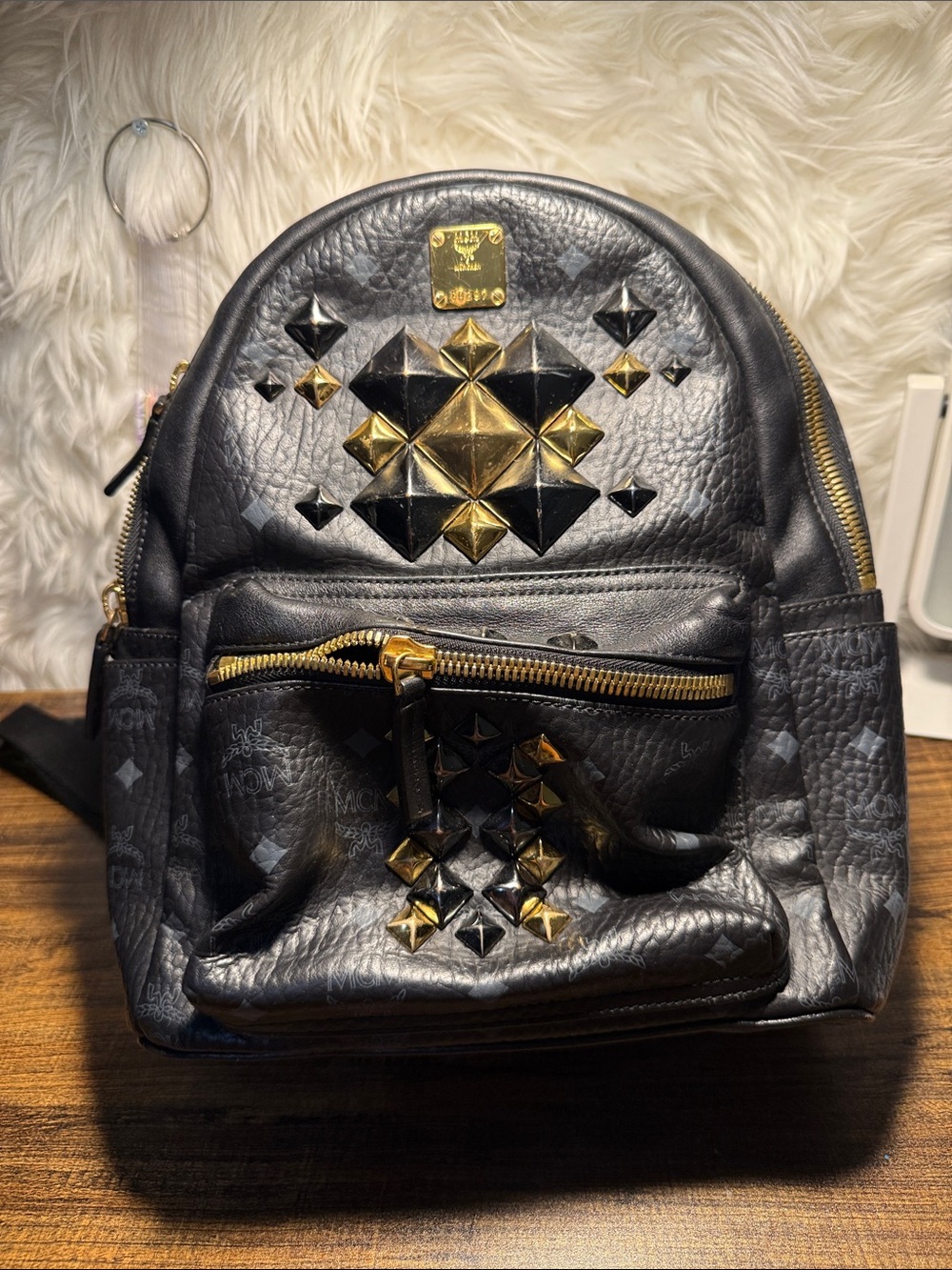 MCM Black Leather Mini Backpack with Gold & Black Stud Accents